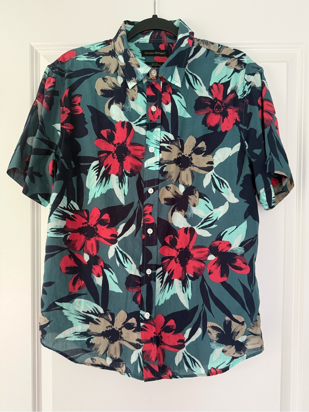 Banana Republic Teal Floral Button-Down Shirt with Red Flowers